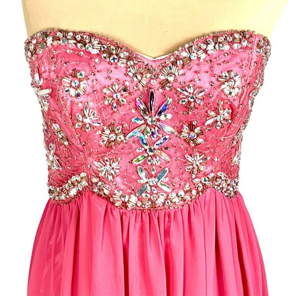 Strapless Pink Gown 8 Crystal Beaded Flowing Chiffon Prom Pageant Formal Dress - Picture 3 of 10